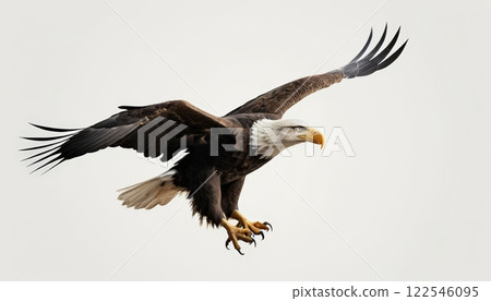 A majestic bald eagle captured in mid-flight, showcasing its powerful wings and keen gaze, soaring against a light background. 122546095