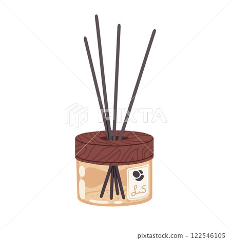 Aromatic diffuser with bamboo sticks. Home perfume diffuser bottle with fresh scents, aromatherapy essential oils and liquids flat vector illustration. Aroma diffuser jar on white background 122546105