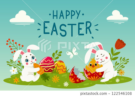 Cartoon Easter holiday poster. Happy Easter colorful card with Easter bunnies and painted eggs flat vector background illustration. Festive easter backdrop 122546108