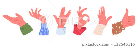 Cartoon hands gestures. Hand palm with elegant gesture, human hands pointing, showing and presenting flat vector illustration set. Hand palms collection Cartoon hands gestures. Hand palm with elegant gesture, human hands pointing, showing and presenting flat vector illustration set. Hand palms collection 122546110