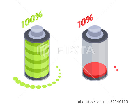 Charged and dead battery. Isometric battery charging stages with green and red indicators 3d vector illustration. Accumulator charging levels on white Charged and dead battery. Isometric battery charging stages with green and red indicators 3d vector illustration. Accumulator charging levels on white 122546113