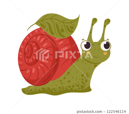 Cute cartoon snail character. Garden gastropod snail, slow little slug inside spiral snail shell flat vector illustration. Colorful snail mascot 122546114
