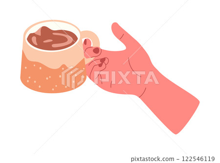 Hand holding coffee cup. Person with hot drink mug, human hand with hot coffee, latte or cacao cup flat vector illustration. Female hand holding mug Hand holding coffee cup. Person with hot drink mug, human hand with hot coffee, latte or cacao cup flat vector illustration. Female hand holding mug 122546119
