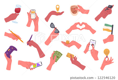 Hands holding different things. Human hands with smartphone, money, joystick and flag flat vector illustration set. Hands holding various stuff 122546120