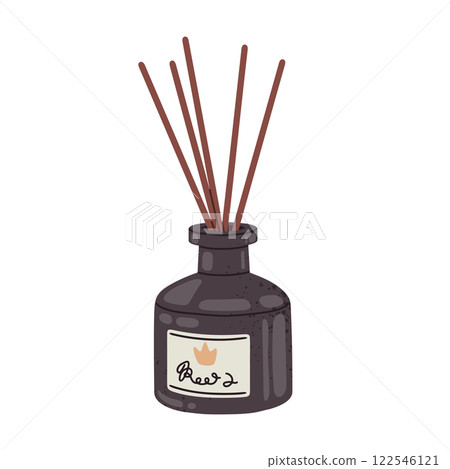 Home perfume diffuser bottle. Aromatic diffuser with bamboo sticks, fresh scents, aromatherapy essential oil flat vector illustration. Aroma diffuser jar on white 122546121