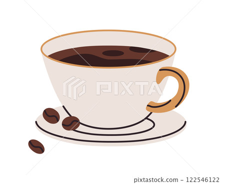 Hot coffee mug. Espresso or americano in ceramic cup, invigorating morning beverage in white cup flat vector illustration. Coffee drink on white Hot coffee mug. Espresso or americano in ceramic cup, invigorating morning beverage in white cup flat vector illustration. Coffee drink on white 122546122