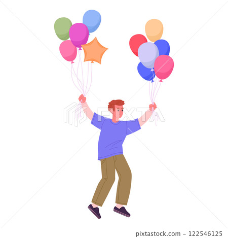 Jumping male character. Cheerful guy with helium balloons, young man floating with colorful balloons flat vector illustration. Happy boy with balloons 122546125
