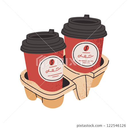 Paper coffee cups. Coffee shop take out hot coffee cups, invigorating morning beverages in disposable packaging flat vector illustration. Hot coffee cups Paper coffee cups. Coffee shop take out hot coffee cups, invigorating morning beverages in disposable packaging flat vector illustration. Hot coffee cups 122546126