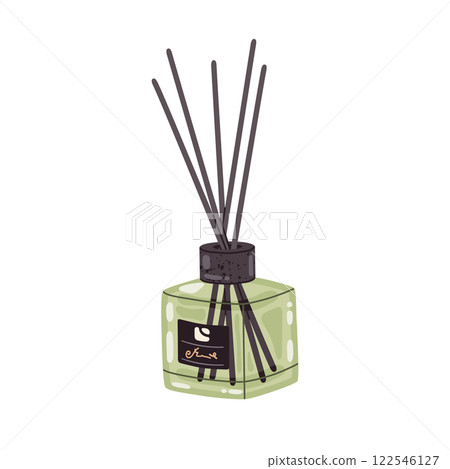 Scented aroma diffuser. Aromatic diffuser jar with bamboo sticks, aromatherapy essential oils and liquids flat vector illustration. Home aroma diffuser bottle on white Scented aroma diffuser. Aromatic diffuser jar with bamboo sticks, aromatherapy essential oils and liquids flat vector illustration. Home aroma diffuser bottle on white 122546127