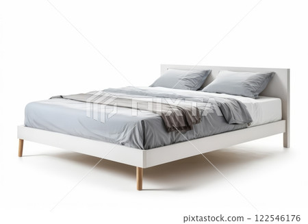 A stylish modern bed featuring a sleek white frame, light gray bedding, and a wool throw, perfect for creating a relaxed and elegant bedroom environment 122546176