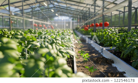 Modern greenhouse filled with rows of plants 122546178