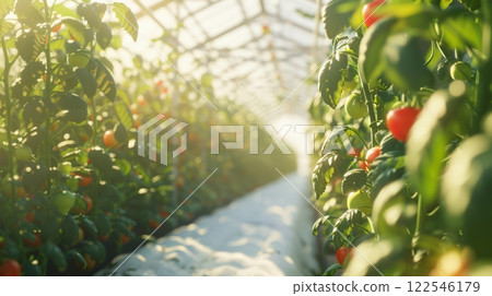 Modern greenhouse filled with rows of plants 122546179