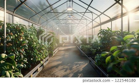 Modern greenhouse filled with rows of plants 122546180