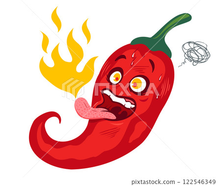 Vector illustration of a spicy chilli pepper with flame. Cartoon red chili and fire for Mexican or Thai food. 122546349