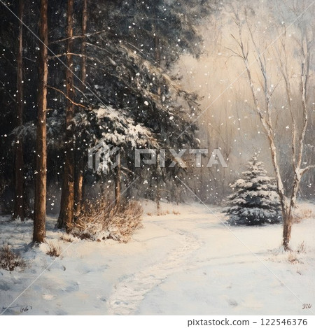 Snowy forest path, winter wonderland scene. 122546376