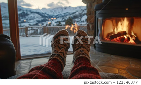 Cozy winter scene feet in warm socks by fireplace, snowy mountain view. (1) 122546377