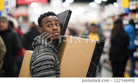 Man carrying electronics boxes in crowded store. 122546400