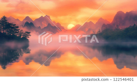 Misty sunrise over tranquil lake and majestic mountains. 122546401