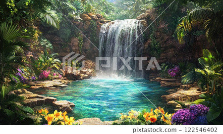 Lush tropical waterfall cascading into a serene pool, surrounded by vibrant flowers and dense foliage. 122546402