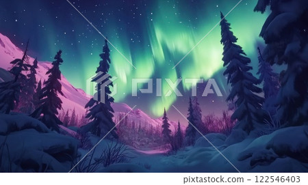 Magical aurora borealis illuminates snowy mountain valley at night. Magical aurora borealis illuminates snowy mountain valley at night. 122546403