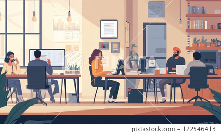 Diverse team working in a modern, sunlit office with computers and plants. 122546413