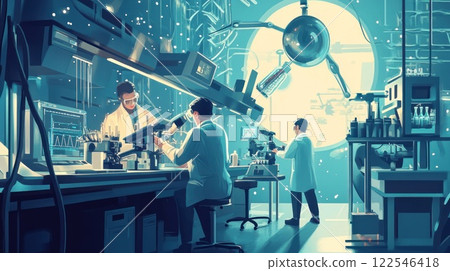 Scientists in futuristic lab examining samples, with large space-like window. 122546418