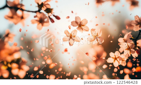 Pink cherry blossoms falling in sunlight. 122546428