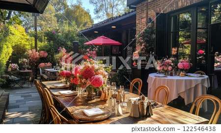 Sunlit patio restaurant with floral centerpiece and tables set for a meal. 122546438