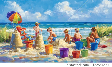 Happy children building sandcastles on a sunny beach. 122546445