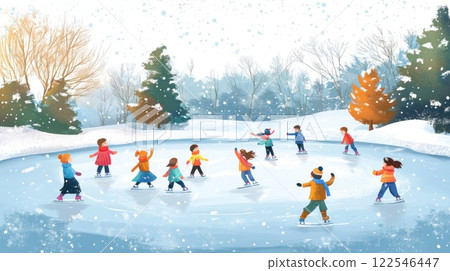 Children ice skating on a frozen pond in a snowy winter park. Children ice skating on a frozen pond in a snowy winter park. 122546447
