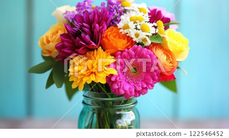 Vibrant colorful flower bouquet in a mason jar against a teal background. Vibrant colorful flower bouquet in a mason jar against a teal background. 122546452