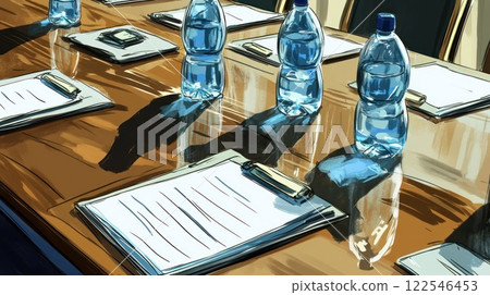 Meeting room table with water bottles and documents. Meeting room table with water bottles and documents. 122546453