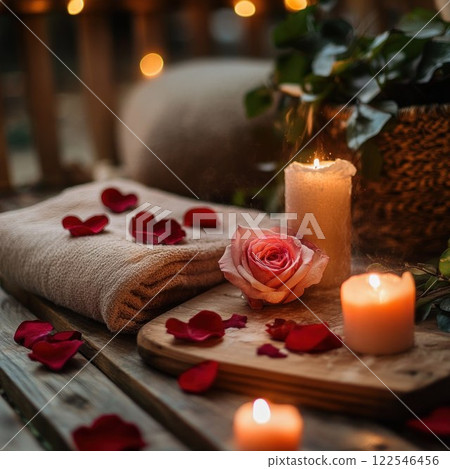 Romantic spa setting with candles, rose petals, and towel. 122546456