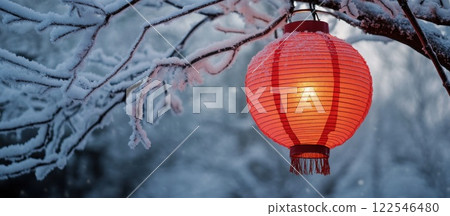 Glowing red lantern hanging from a snow-covered branch in winter. 122546480