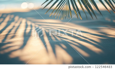 Palm leaf shadow cast on sunlit beach sand. 122546483