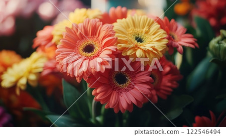 Close-up of vibrant orange and yellow gerbera daisies in a bouquet. 122546494