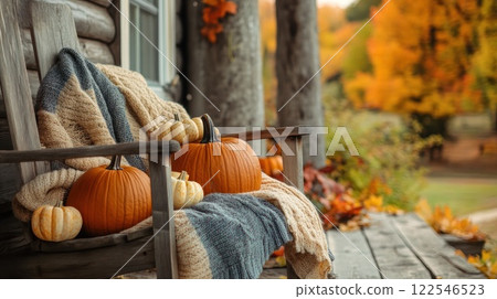 Cozy autumn porch scene with pumpkins, blankets, and fall foliage. 122546523