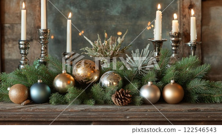 Festive Christmas mantelpiece decorated with candles, ornaments, and evergreen boughs. 122546543