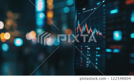 Stock market data displayed on a screen at night, showing fluctuating graphs and numbers. 122546604