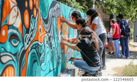 Women collaboratively paint a vibrant mural outdoors, showcasing community art and cultural expression. 122546605