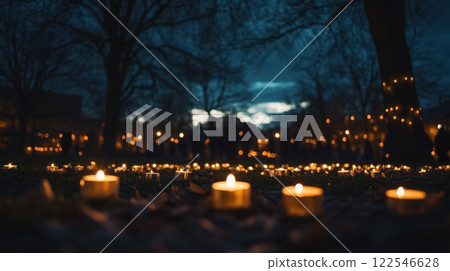 Hundreds of candles illuminate a park at dusk, with blurred figures in the background. 122546628