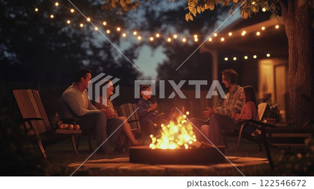 Happy family enjoying a bonfire in their backyard at night, illuminated by string lights. 122546672