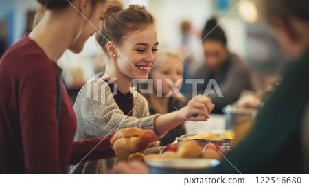 Happy young women volunteering at a food bank, serving food to children and families in need. 122546680