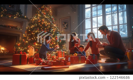 Happy family opening Christmas gifts by a decorated tree in a cozy living room. 122546686