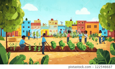 Community garden in a vibrant urban neighborhood, people of diverse ages tending to plants and crops. 122546687