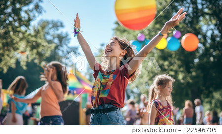 Happy girl celebrates at outdoor summer festival with friends, balloons, and bright sunlight. Happy girl celebrates at outdoor summer festival with friends, balloons, and bright sunlight. 122546705