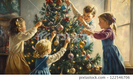 Four children joyfully decorate a Christmas tree together in a sunlit room, embodying holiday cheer and family togetherness. 122546706