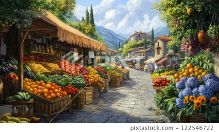 Vibrant farmers market in a sunny, picturesque Italian village, showcasing an abundance of fresh produce and flowers. Vibrant farmers market in a sunny, picturesque Italian village, showcasing an abundance of fresh produce and flowers. 122546722