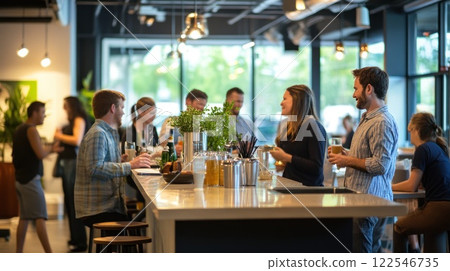 Happy young adults socializing at a modern bar. 122546735