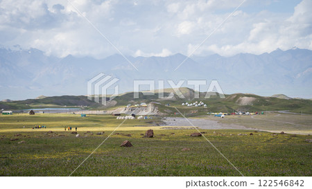 Alpine landscape with mountaineering expedition camp under Pamir Mountains, Kyrgyzstan Alpine landscape with mountaineering expedition camp under Pamir Mountains, Kyrgyzstan 122546842